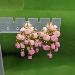 Vintage Beaded Earrings Clip-on Pink Cream with Gold-tone Hardware
